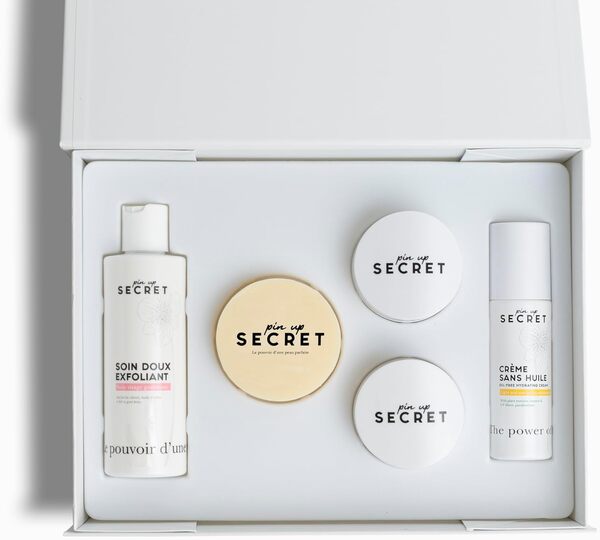 PIN UP SECRET - Coffret Routine Visage Les Inédits - Savon, Peeling, Soin Exfoliant, 1 Crème Précieuse et 1 Crème sans Huile - 5 produits - Peau Douce, Revitalisée et Éclatante de Santé