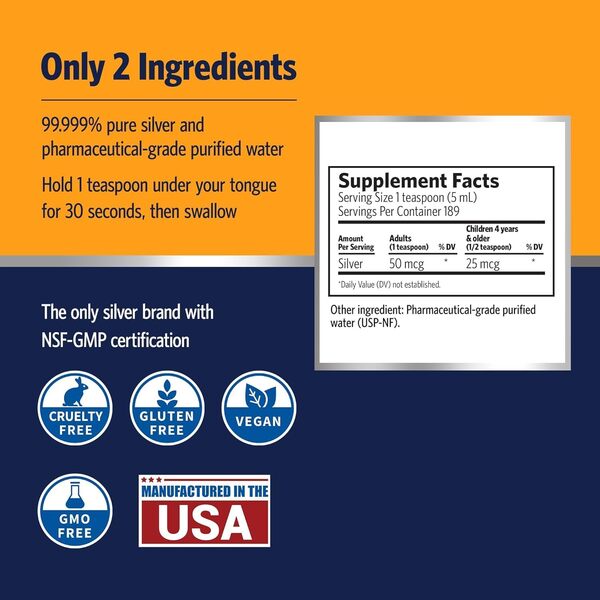 Sovereign Silver - Eau ionique - 99,99 % pure - Seulement 2 ingrédients - Sans composés d'argent ajoutés - Facilement absorbée et utilisée dans le corps - Concentrée 10 ppm - Flacon de 946 ml