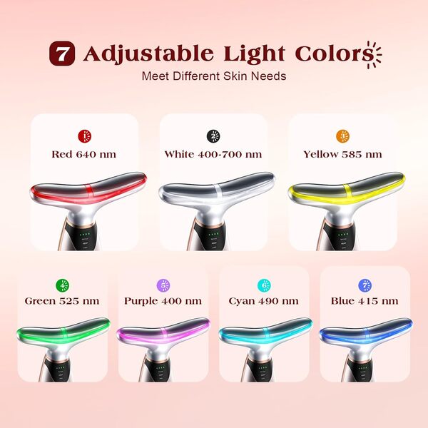 Masseur facial, 7 couleurs de thérapie à la lumière rouge pour le visage et le cou, appareil de levage du visage avec vibration chauffante de 45 °C pour plusieurs soins de la peau