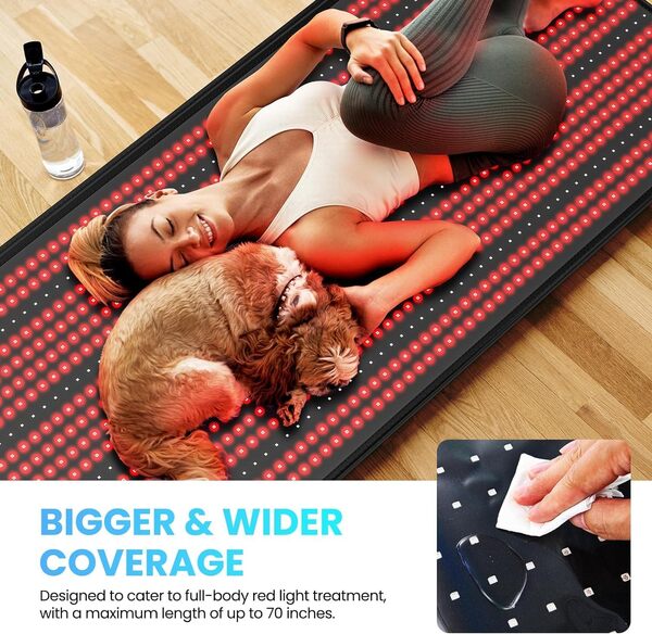 iTHERAU Lumière Rouge Thérapie Chauffage Infrarouge pour Corps,1280LEDs 660nm & 850nm Red Light Therapy Tapis pour Rajeunir Soulager la Douleur, Lampe Infrarouge Avec Mode Pulsé et Minuterie 180*80CM
