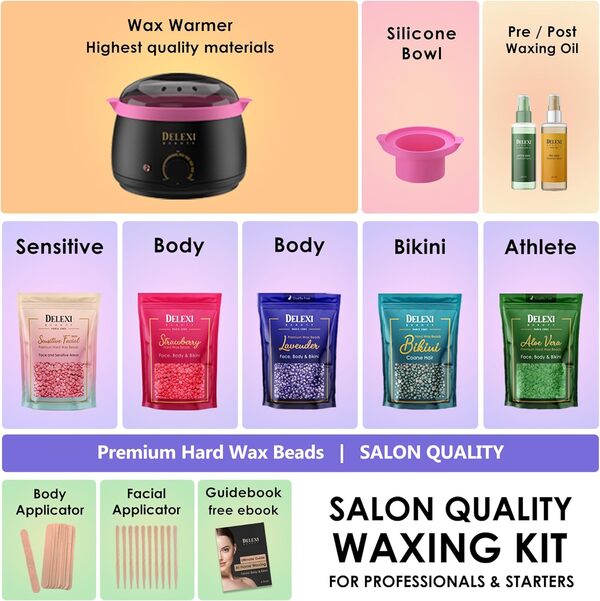 DELEXI Kit d'épilation à la cire tout-en-un pour femme | Lot de 5 perles de cire dure de qualité salon pour sourcils, bikini, jambes et plus encore + kit de cire en silicone